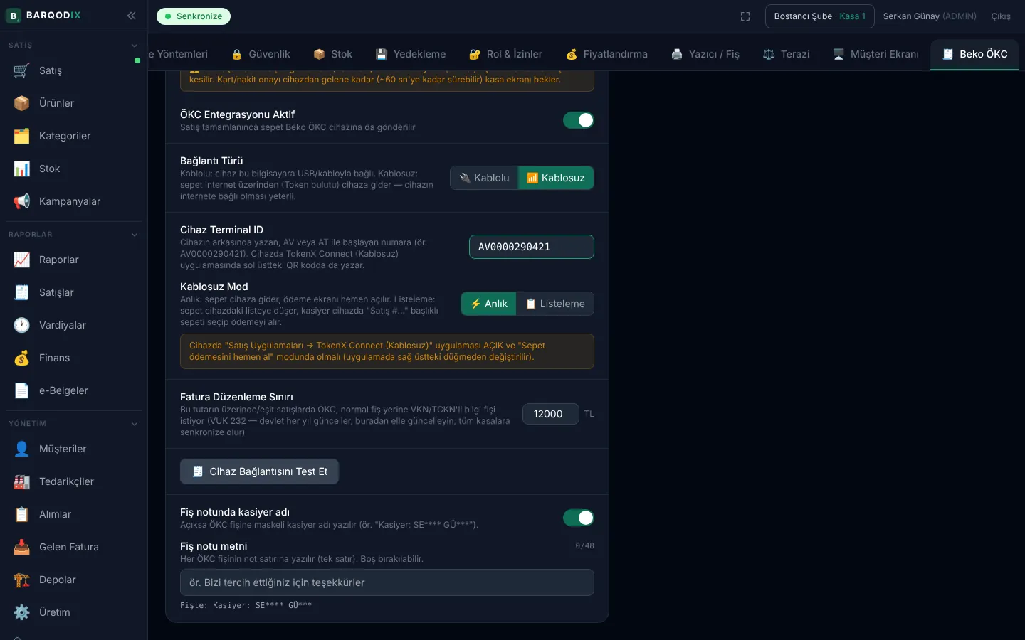Kablosuz mod, fatura sınırı ve fiş notu ayarları